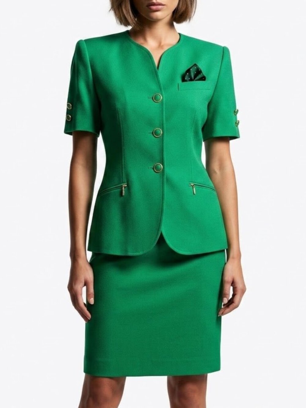 Vintage Kasper ASL 80s Bright Green Short Sleeve Skirt Suit Set 6 Petite Power